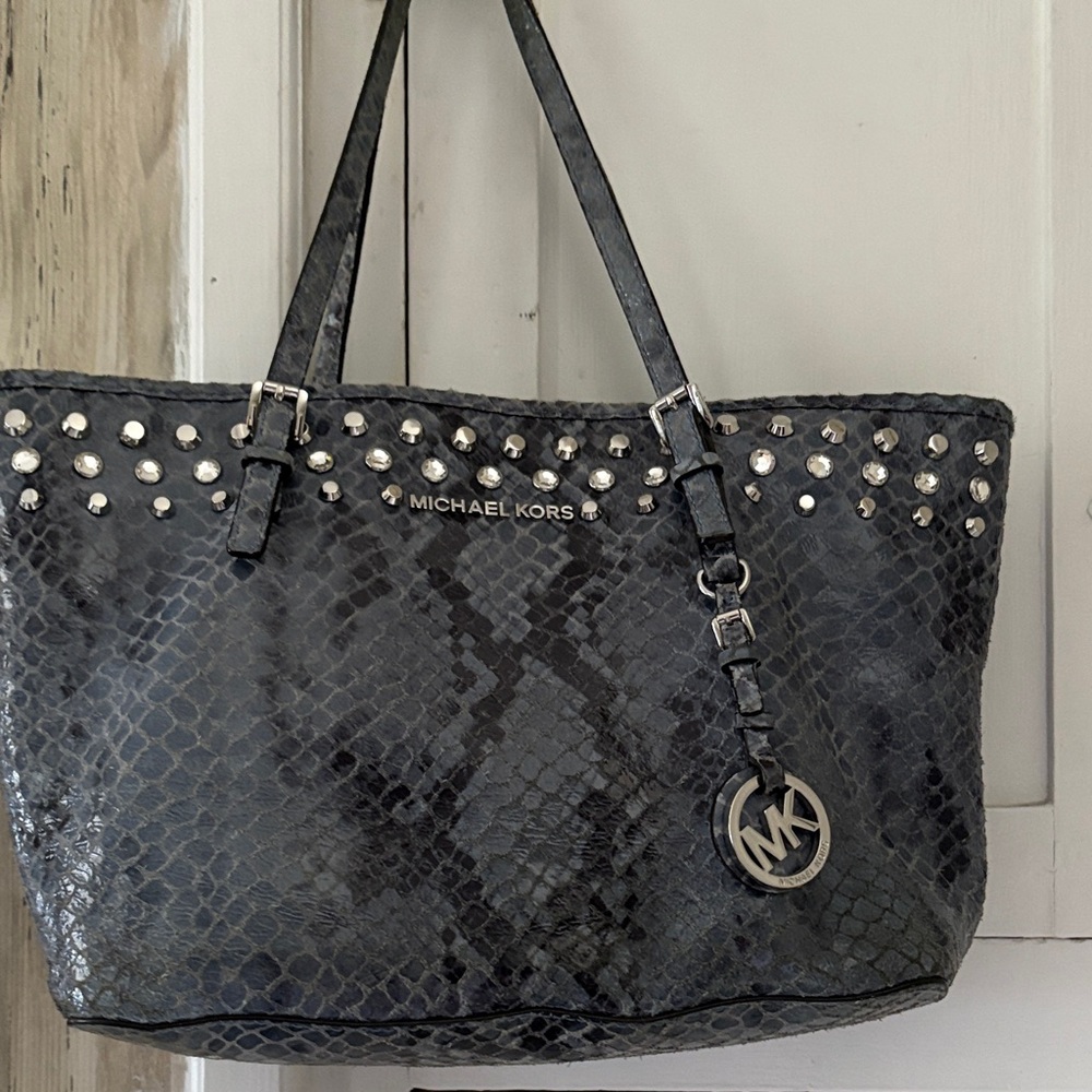 Michael Kors Black Snakeskin Tote with Silver Studs